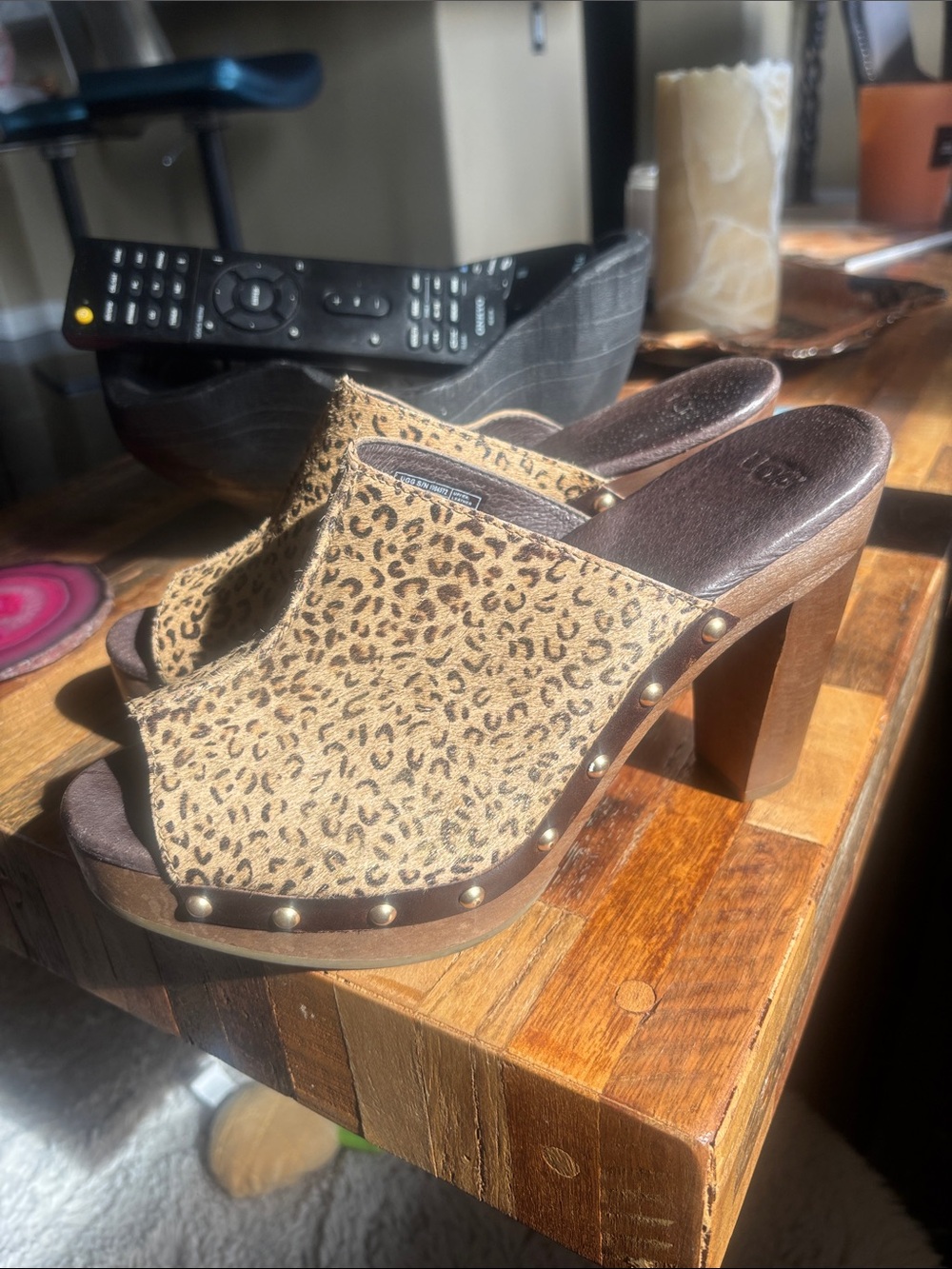 UGG Leopard Print leather Slide Studded Heels - Women's Brown Clogs
